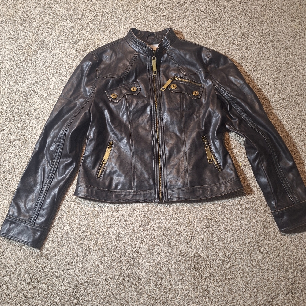 Frida G London Faux Leather Jacket Size Large Dark Brown